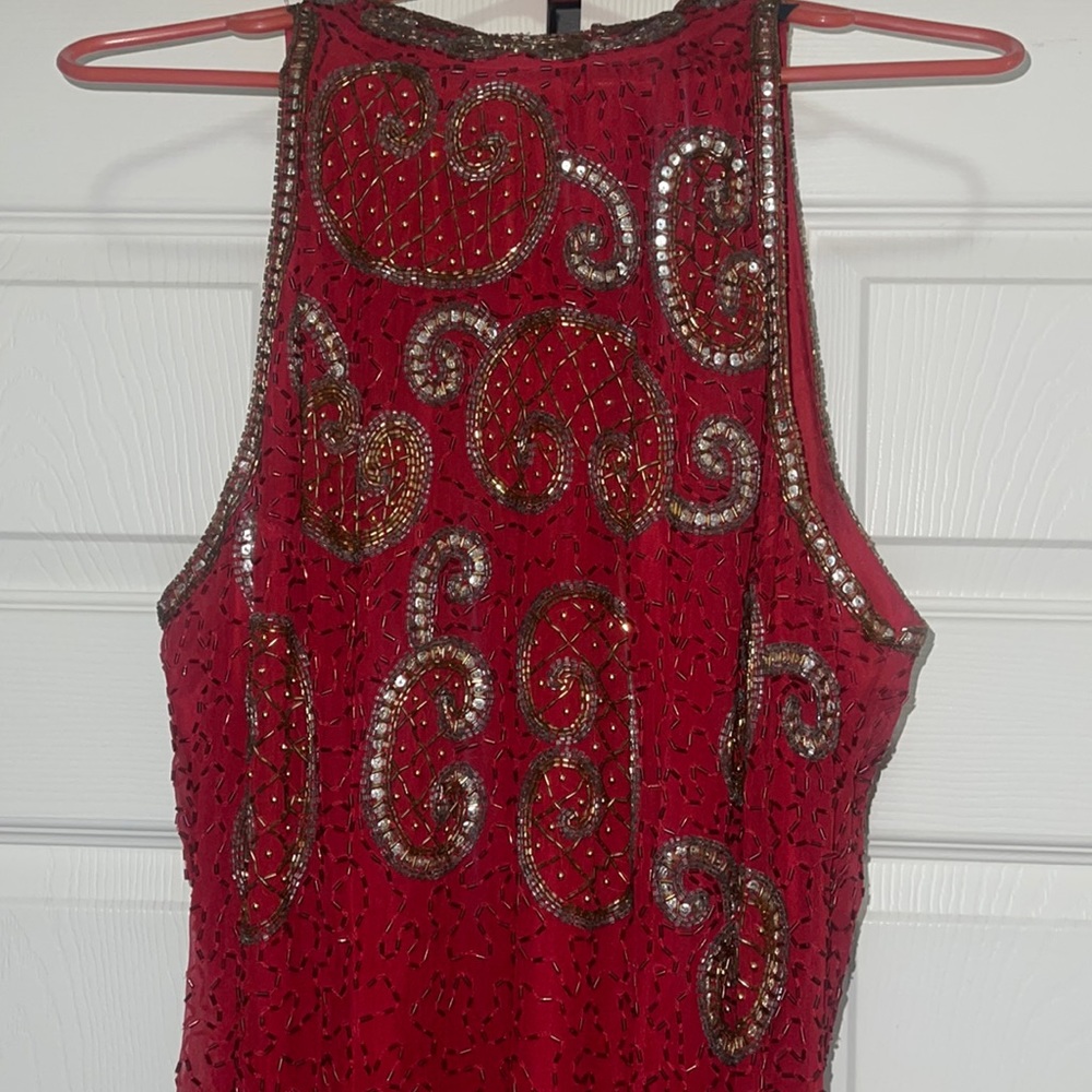 Ebony E Style by Spiegel. Red silk sequin/ beaded dress. Gold and silver accents